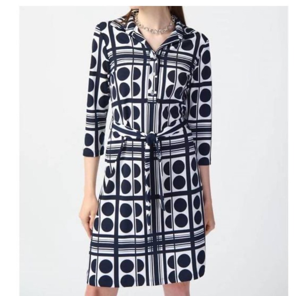 Joseph Ribkoff Black White Geometric Polka Dot Shirt Dress Belted Stretch Size 4